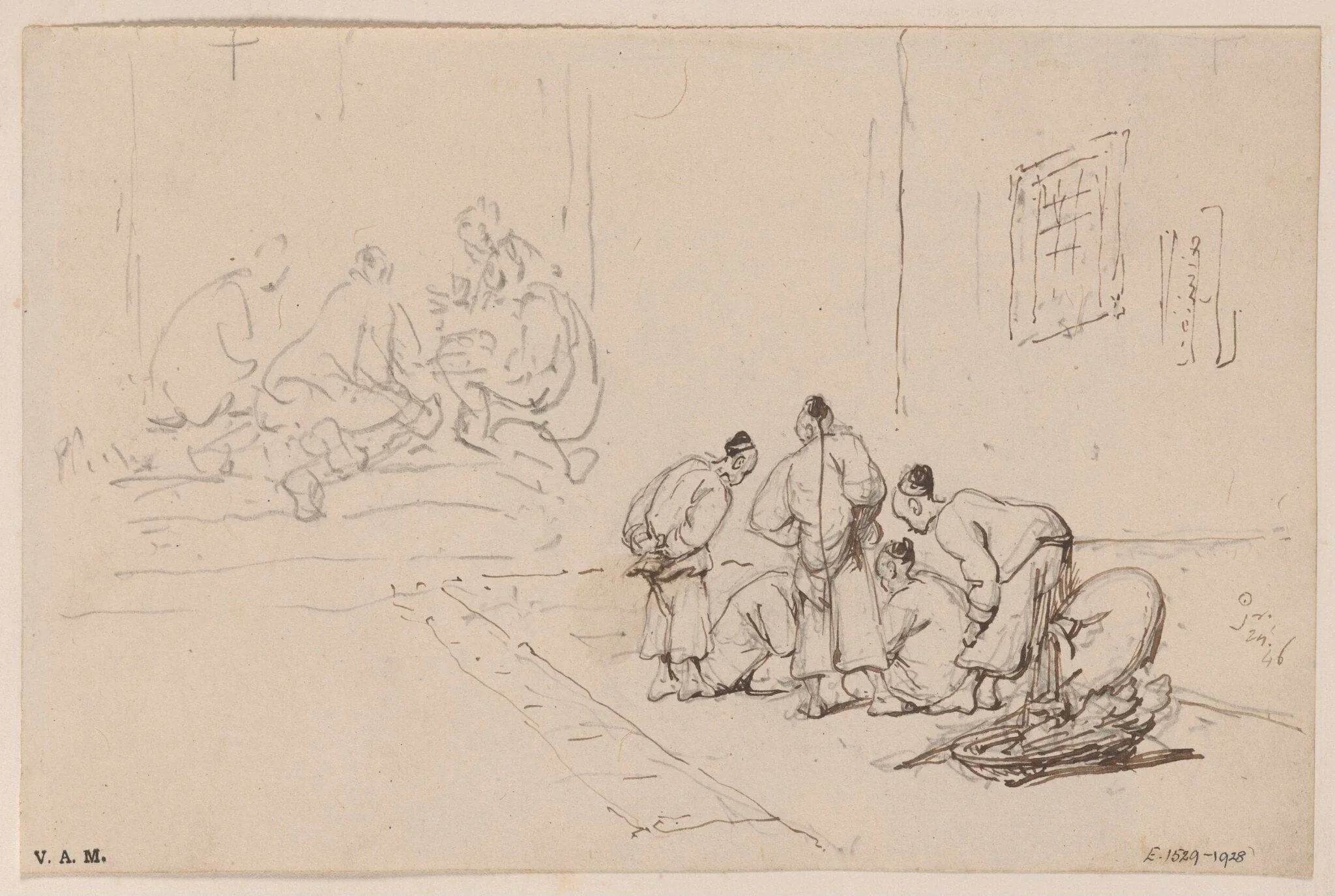 Two drawings of groups of Chinese figures, detail