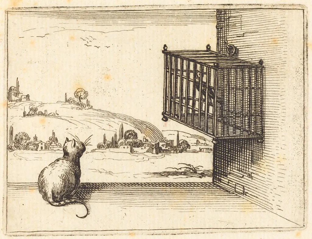Cat Watching Caged Bird, by Jacques Callot, ink, 1628