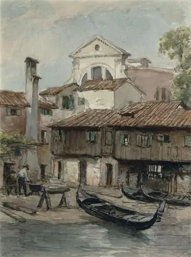Shipyard near the Church of San Trovaso, Venice, by Hugh Carter, watercolor, 1850