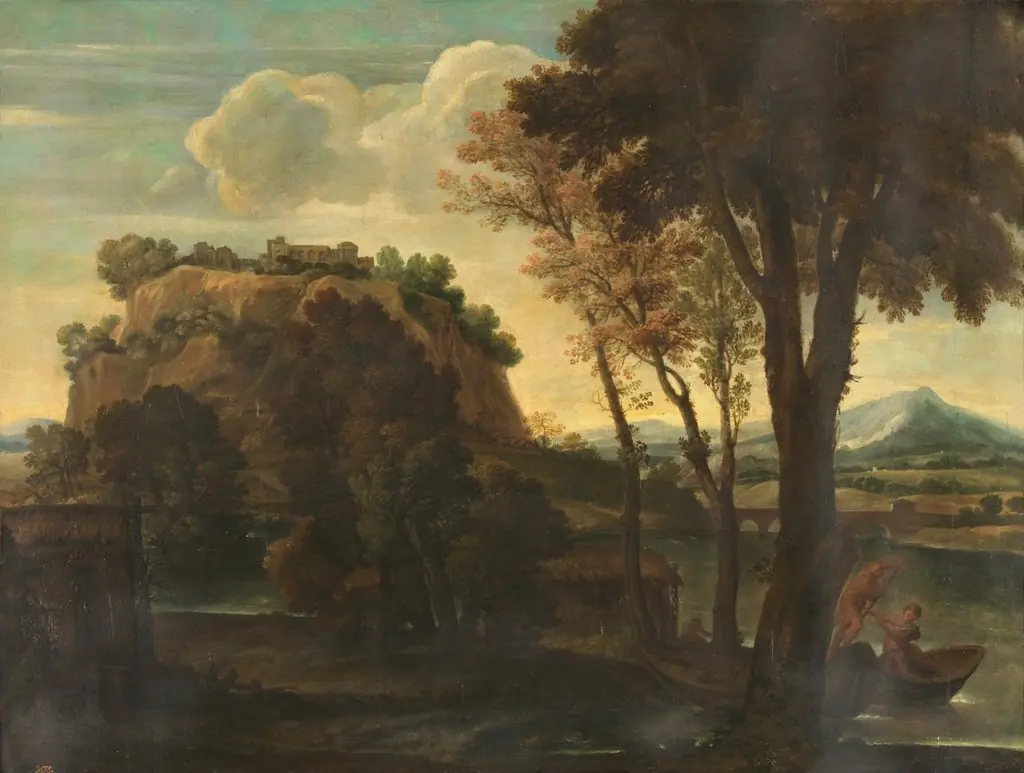 Landscape with River and Boats, by Giovanni Francesco Grimaldi, oil, 1601