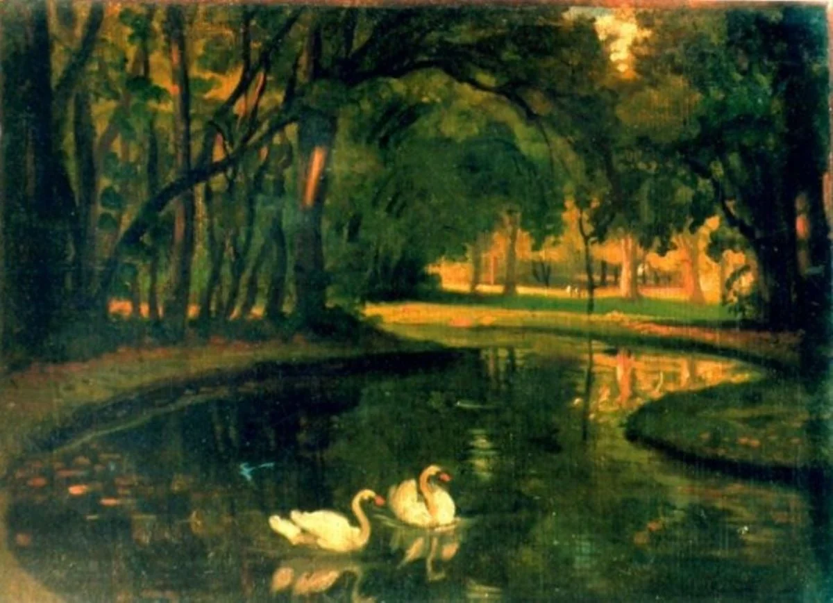 Peisaj cu lebede pe un lac în mijlocul pădurii, detail