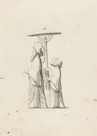 Sculpture at Persepolis, from Le Bruyn's Travels, by Maria Denman, ink, 1829