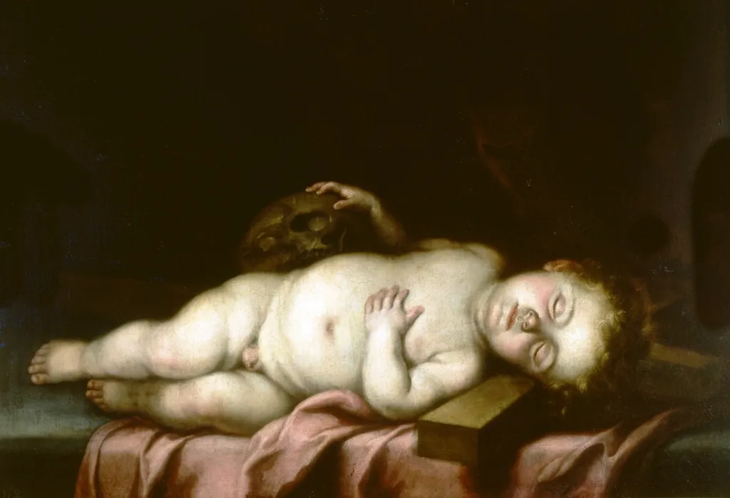 El Niño Jesús dormido sobre la Cruz, by Bartolomé Esteban Murillo, oil, 1601
