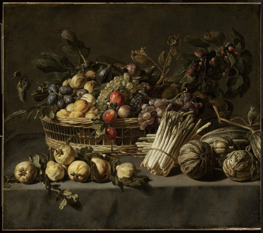 Vegetables and a Basket of Fruit on a Table, detail