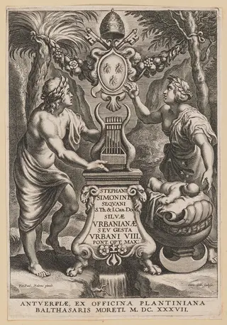 Title Page for Stephanus Simonini, Silvae Urbaninae, by Cornelis Galle I, ink, 1637
