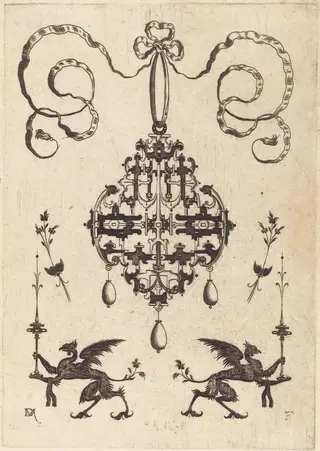 Large Pendant, Lower Left and Right Two Griffins Carrying Fantasy Candlesticks, by Daniel Mignot, ink, 1596