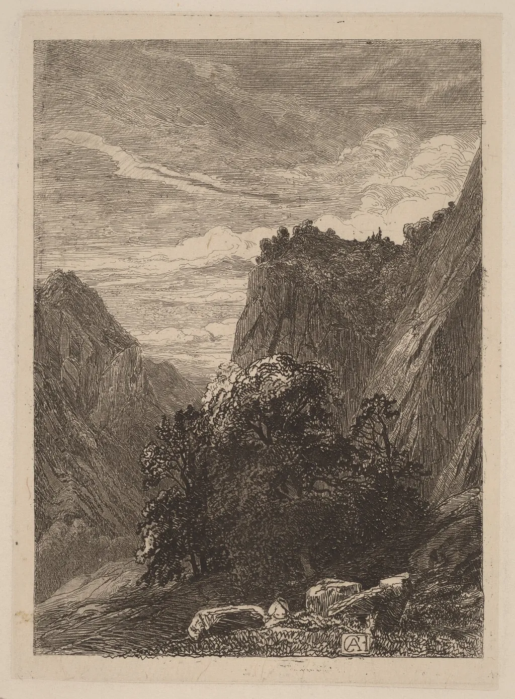Trees at the Foot of a Cliff, by Alexandre Calame, ink, 1838