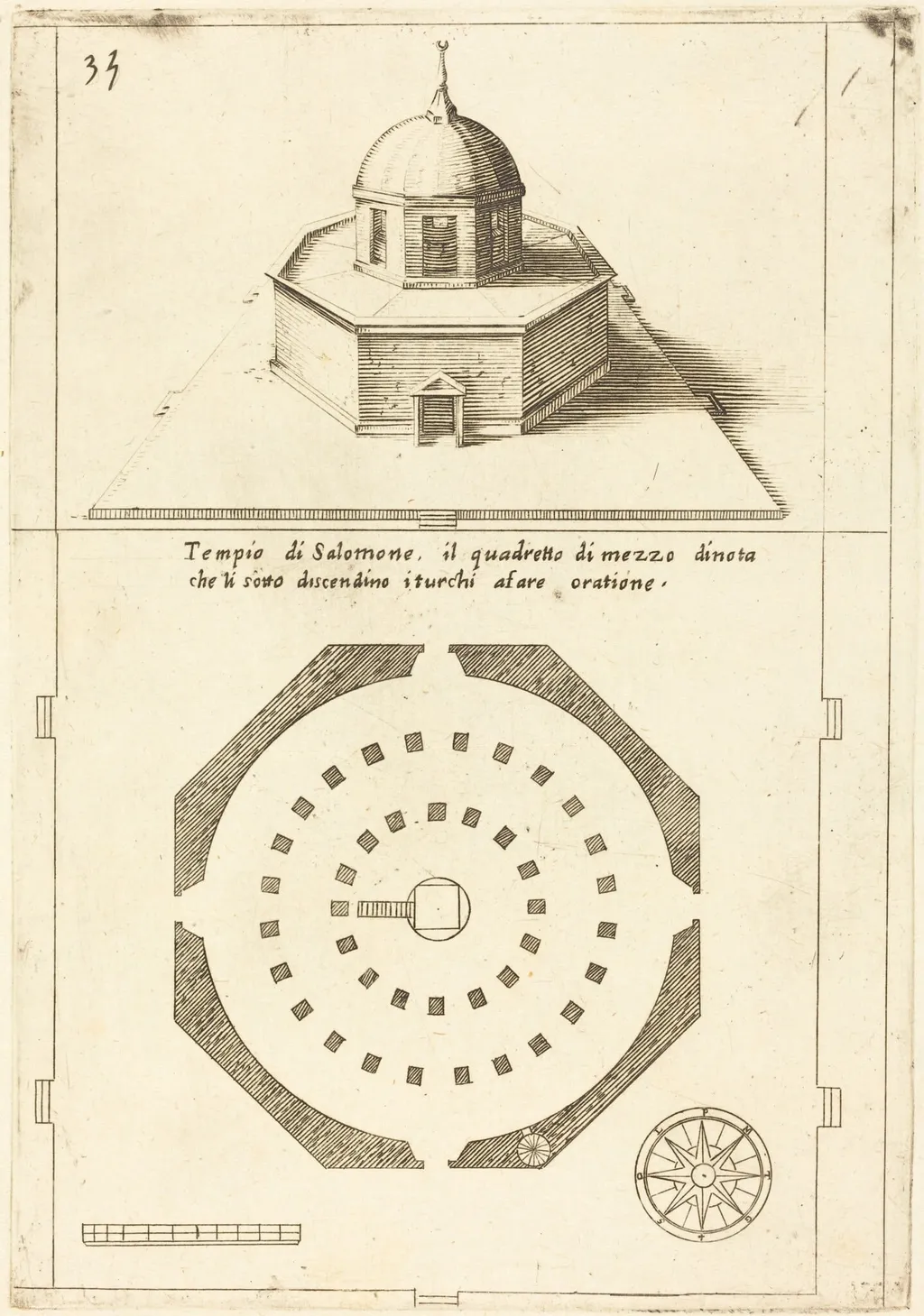 Plan and Rendering of the Temple of Solomon, by Jacques Callot, ink, 1619
