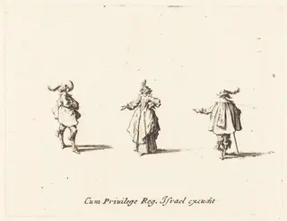 Lady with Outstretched Arm, and Two Gentlemen, by Jacques Callot, ink, 1634