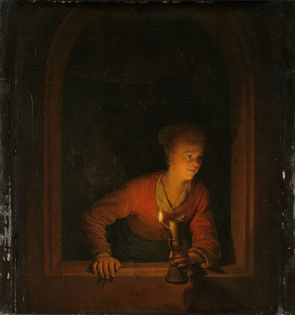 Girl with an Oil Lamp at a Window, by Gerrit Dou, oil, 1660