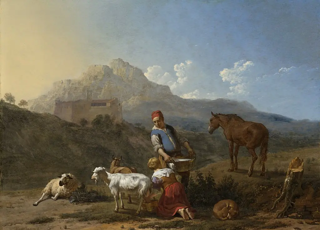 Italian Landscape with Girl Milking a Goat, by Karel Dujardin, oil, 1652