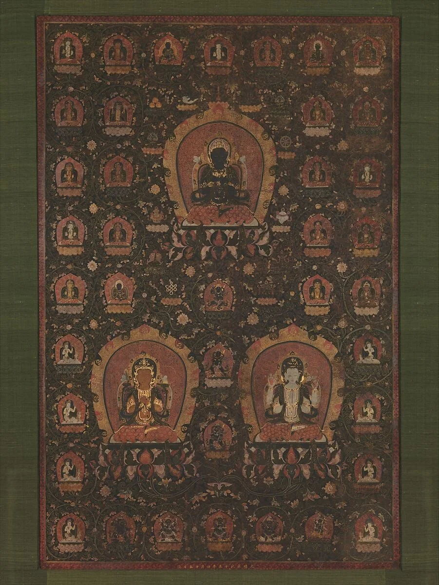 明 佚名 釋教三尊曼陀羅圖 軸|Mandala of Vajradhara, Manjushri and Sadakshari -Lokeshvara, detail