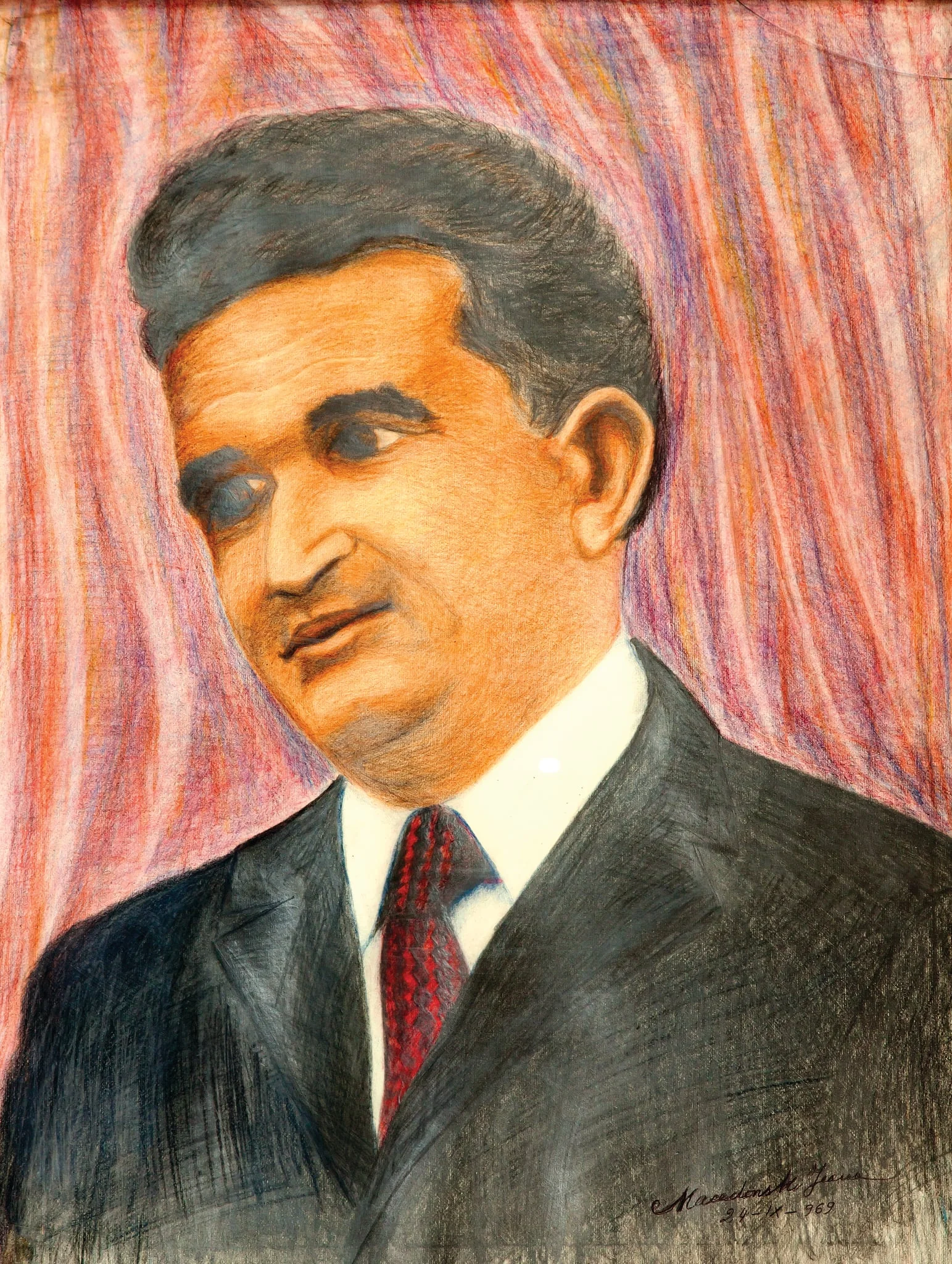 Tablou, desen pe carton, ”Nicolae Ceaușescu”, semnat cu tuș negru Jeana Macedonschi și datat 24.IX.1974, în partea dreaptă jos. Tablou oferit lui Nicolae Ceaușescu de către autor., detail