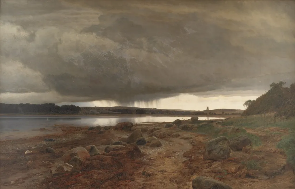 A Showery Landscape. Kalvø Vig, Jutland, by Janus la Cour, oil, 1892
