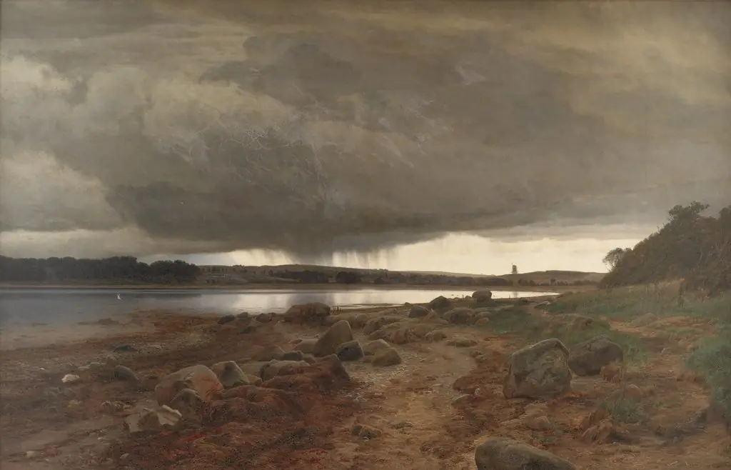 A Showery Landscape. Kalvø Vig, Jutland, by Janus la Cour, oil, 1892