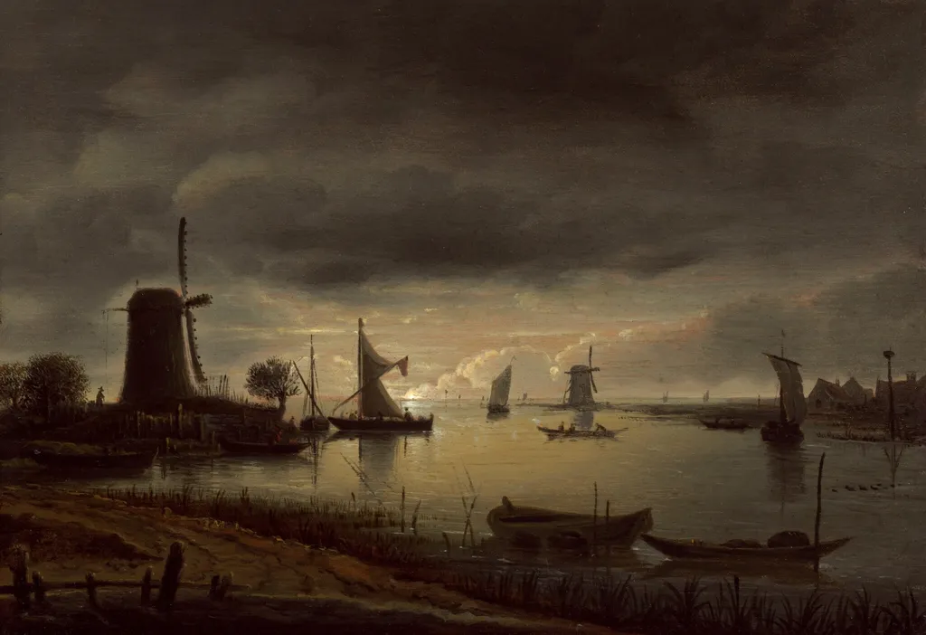River Scene with Windmill and Boats, Evening, by Anthonie van Borssom, oil, 1645