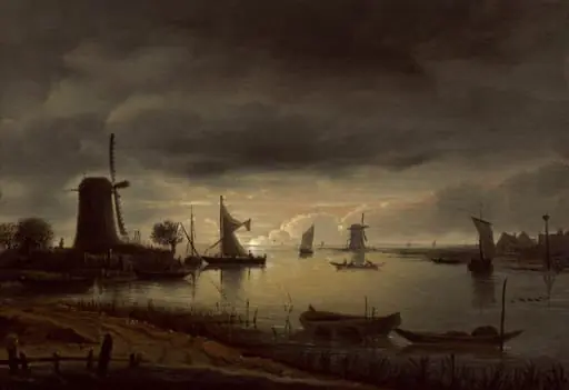 River Scene with Windmill and Boats, Evening, by Anthonie van Borssom, oil, 1645