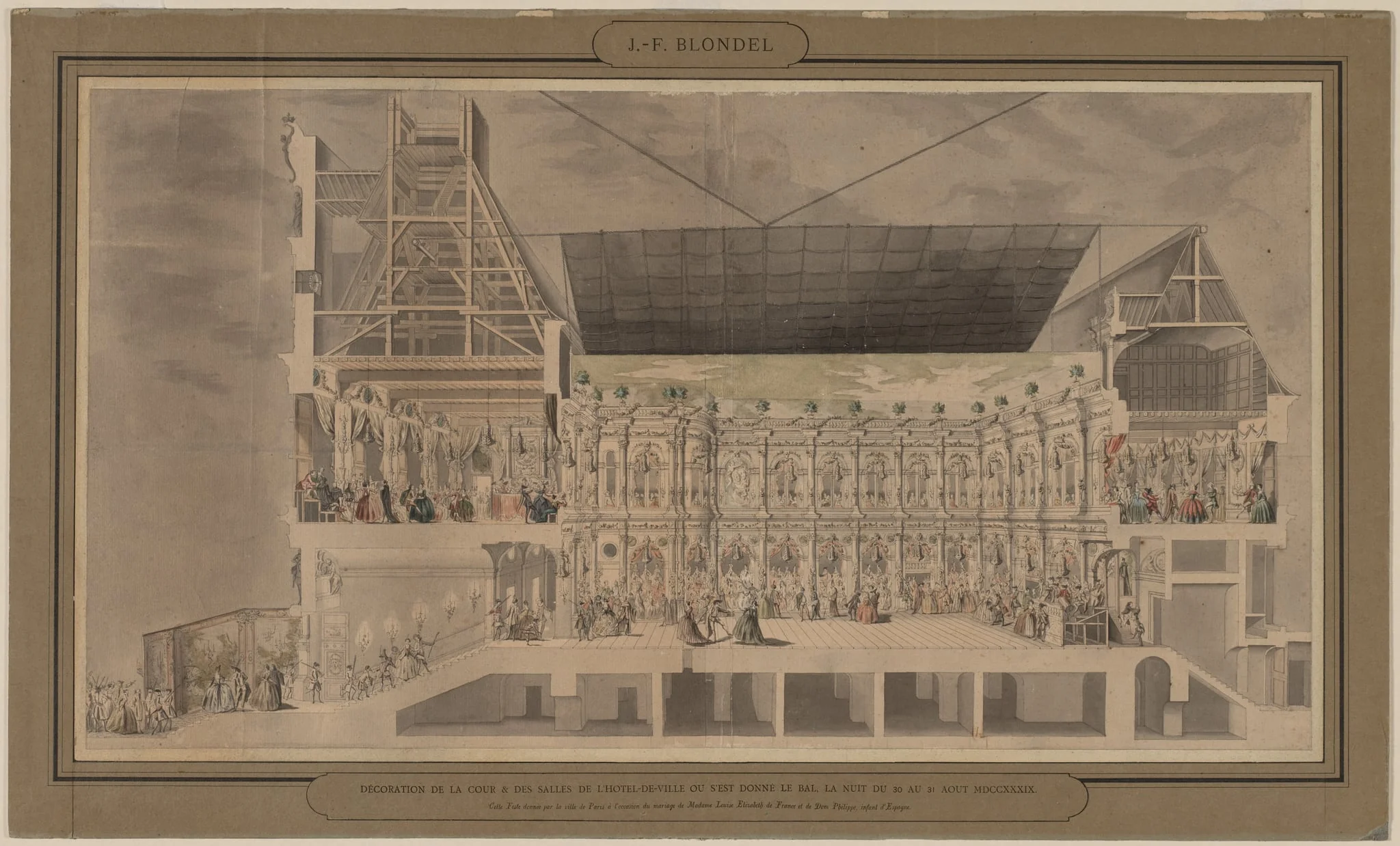 Cross Section of the Hôtel de Ville Seen in Perspective Showing the Decoration and Illumination of the Courtyard and Rooms Created on the Occasion of the Ball Given the Night of August 30 and 31, 1739, detail