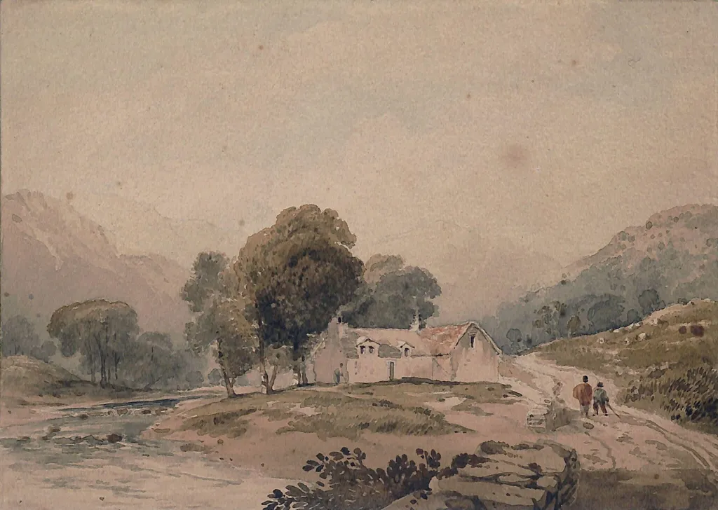 Landscape with cottage and two figures, by Anthony Vandyke Copley Fielding, watercolor, 1850