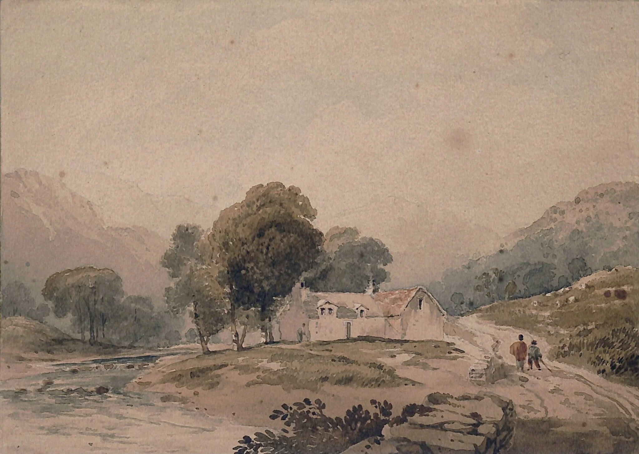 Landscape with cottage and two figures, detail