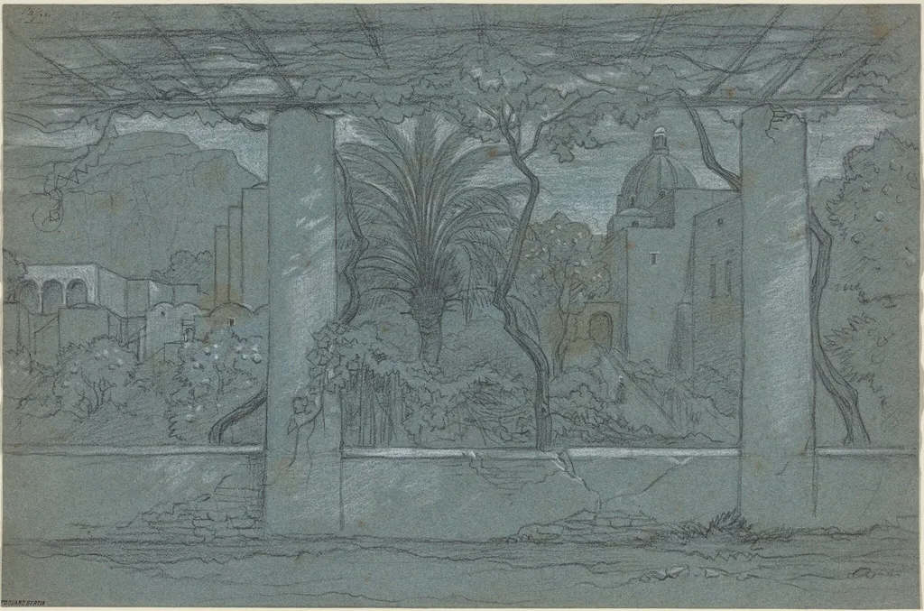 A Terrace and Garden on Capri [recto], by François-Édouard Bertin, chalk, 1822