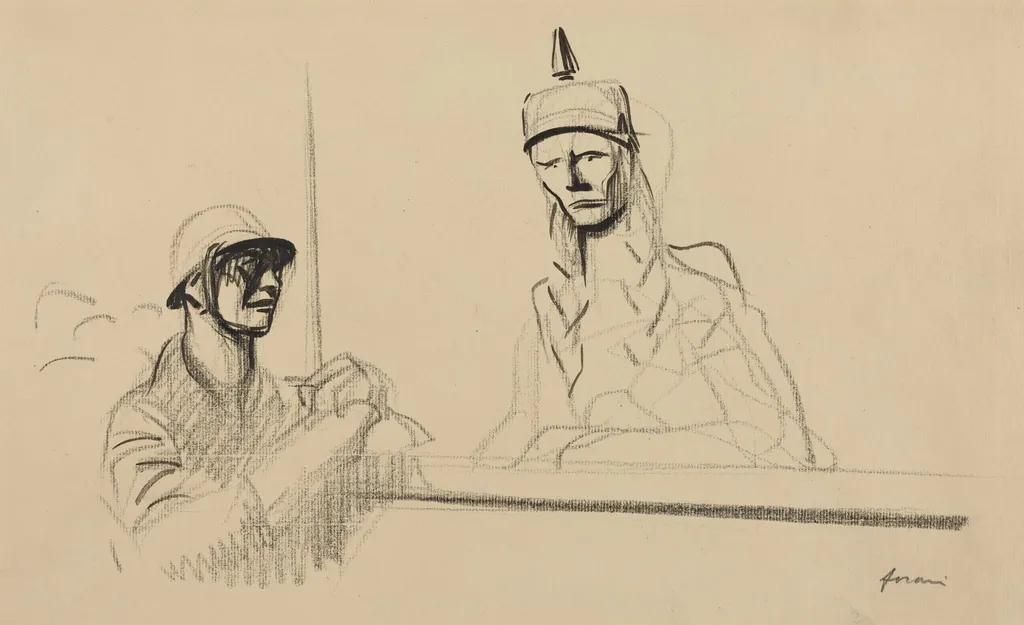 French Soldier Addressing Germania, by Jean-Louis Forain, ink, 1916