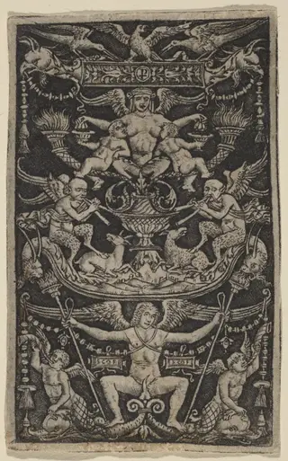 Panel of Ornament with a Satyress Feeding Two Children, by Peregrino da Cesena