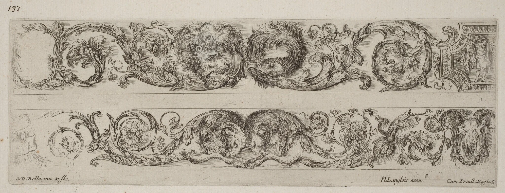 Two Ornamental Bands with Facing Heads of Lion and Eagle, and Two Rams, detail