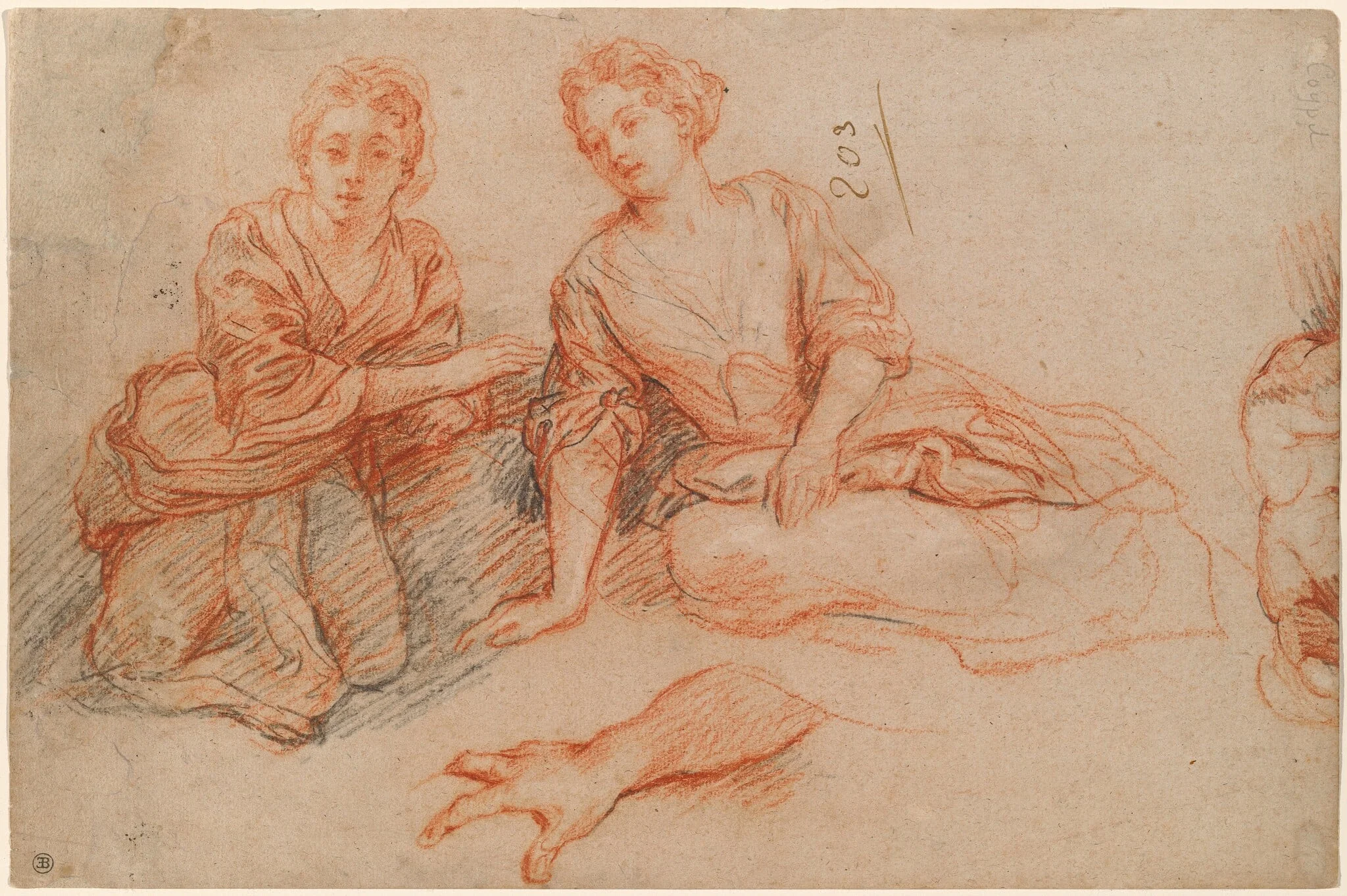 Two Young Women Seated on the Ground [recto], detail