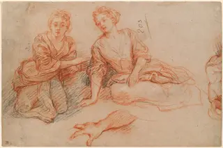 Two Young Women Seated on the Ground [recto], by Charles de La Fosse, chalk, 1698