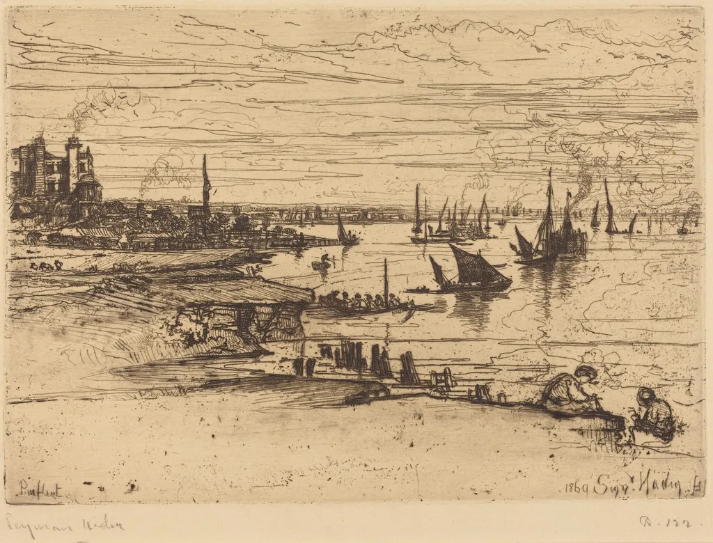 Opposite the Inn, Purfleet, by Francis Seymour Haden, ink, 1869