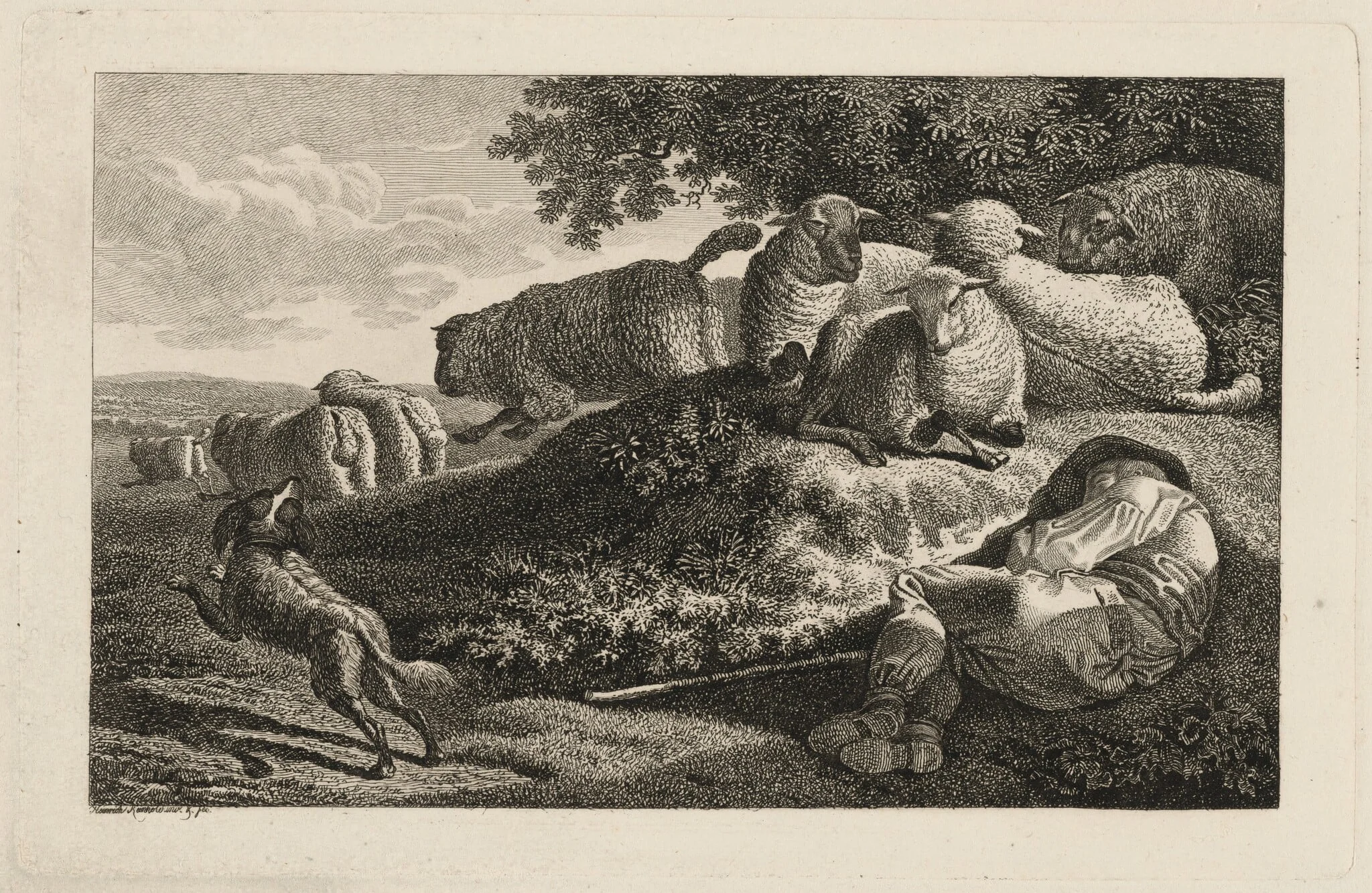 A Shepherd Sleeping while His Dog Guards His Flock, detail