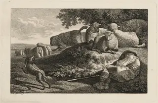 A Shepherd Sleeping while His Dog Guards His Flock, by Heinrich Carl Reinhold, ink, 1816
