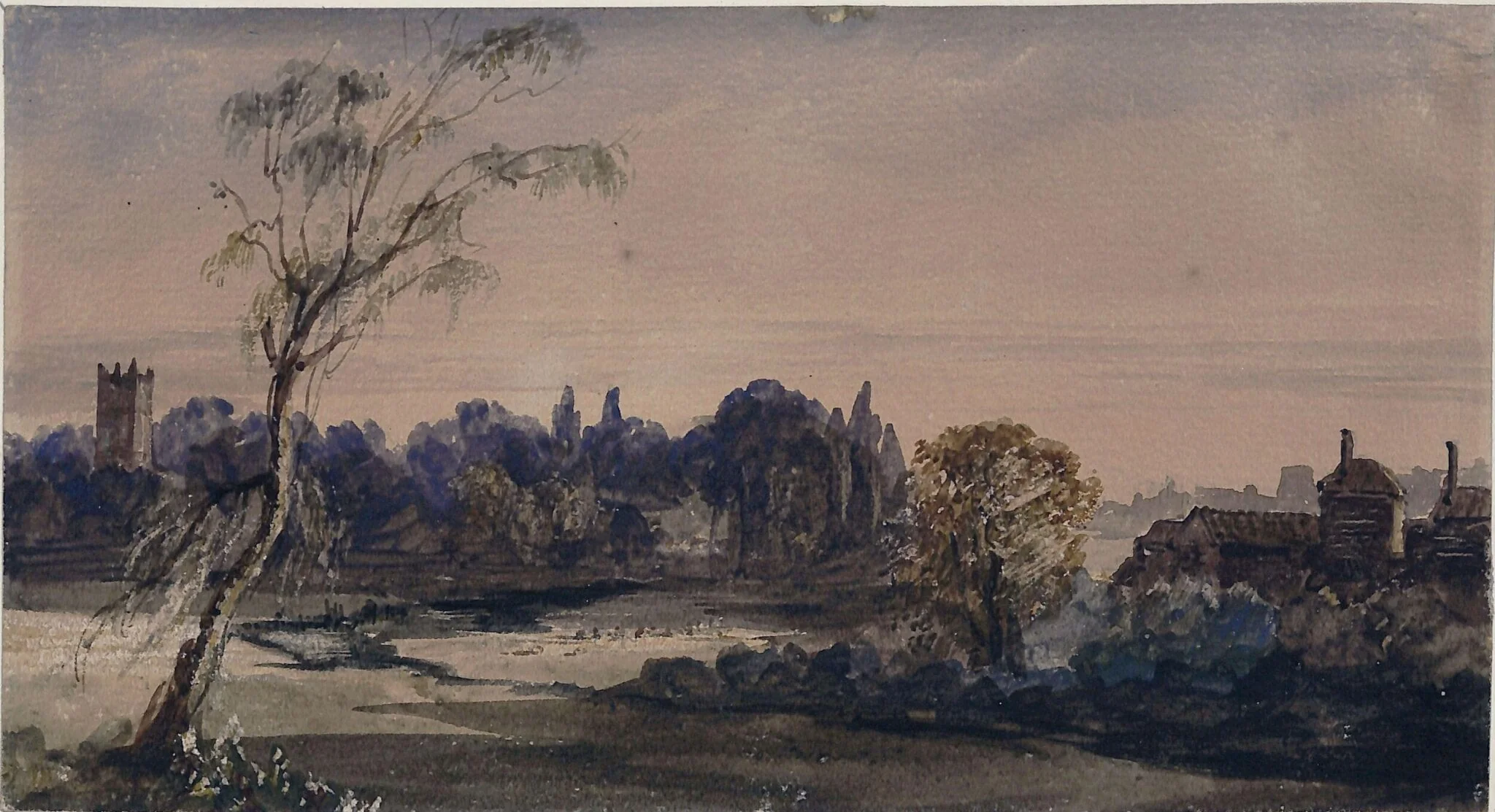 Landscape with buildings and trees, detail