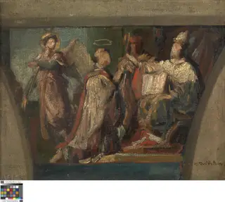 Heilige geknield voor een paus, by Henri Dobbelaere, oil, 1822