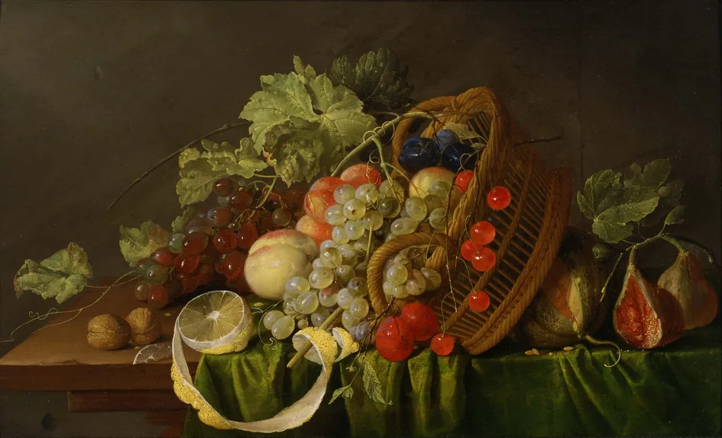 Still Life with a Basket of Fruit, by Cornelis de Heem, oil, 1654