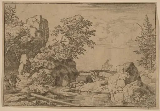 Horseman on a Bridge, by Allart van Everdingen, ink, 1650