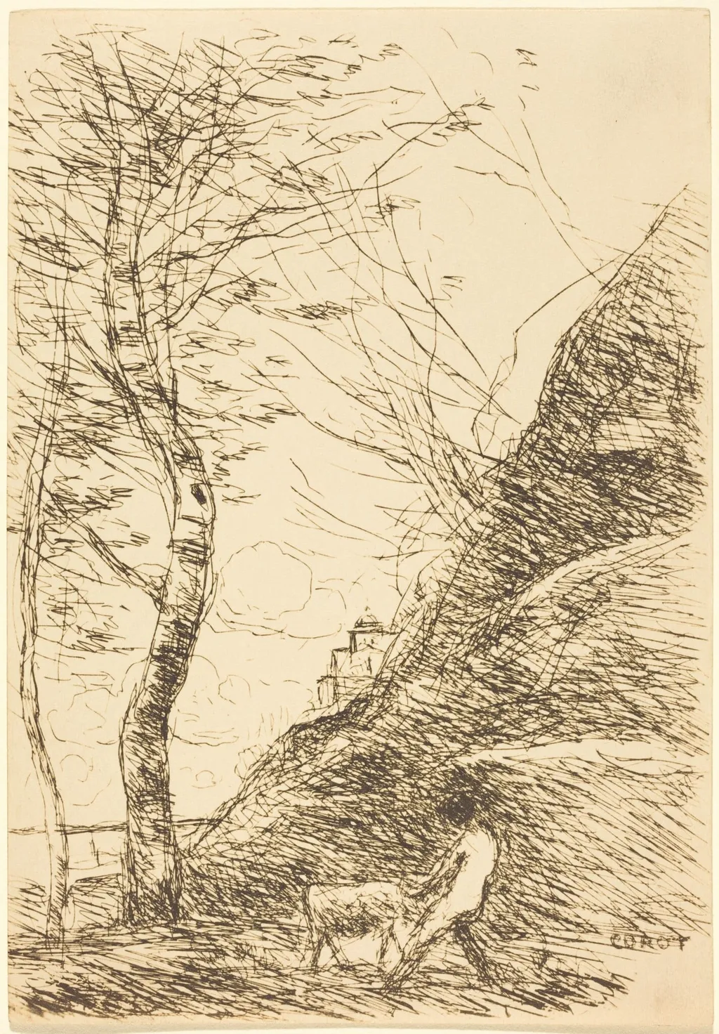 Shepherd Struggling with a Goat (Berger luttant avec sa chevre), by Jean Baptiste Camille Corot, 1874