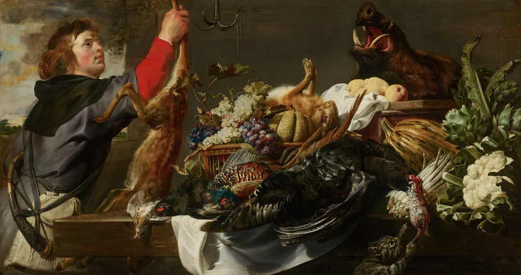 Still Life with Huntsman, by Frans Snyders, oil, 1614