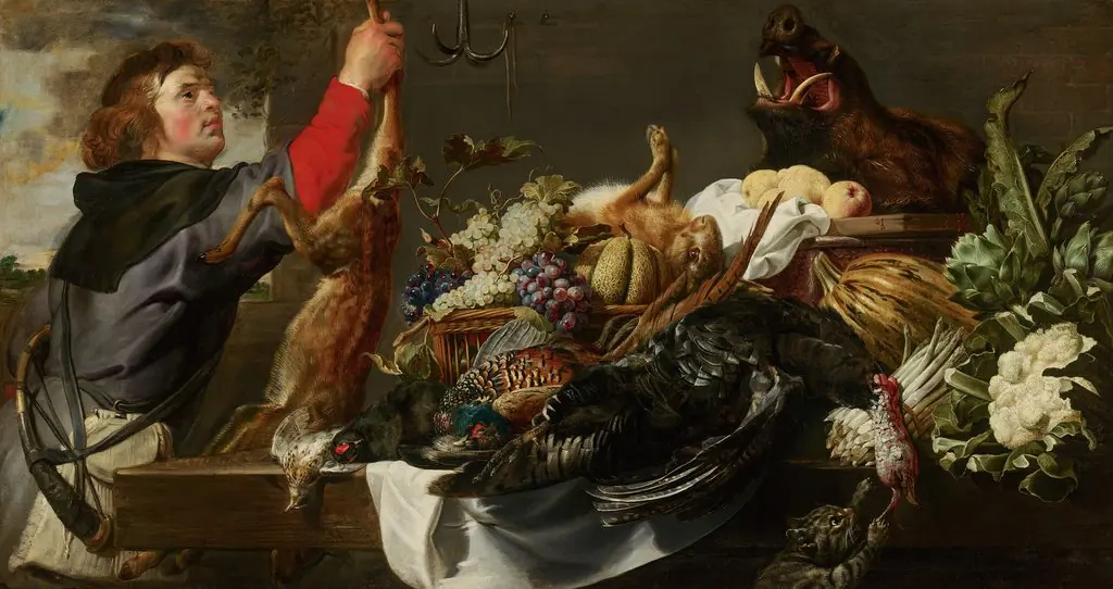 Still Life with Huntsman, by Frans Snyders, oil, 1614