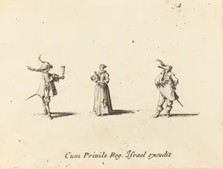 Lady with Wine Bottle, and Two Gentlemen, by Jacques Callot, ink, 1634