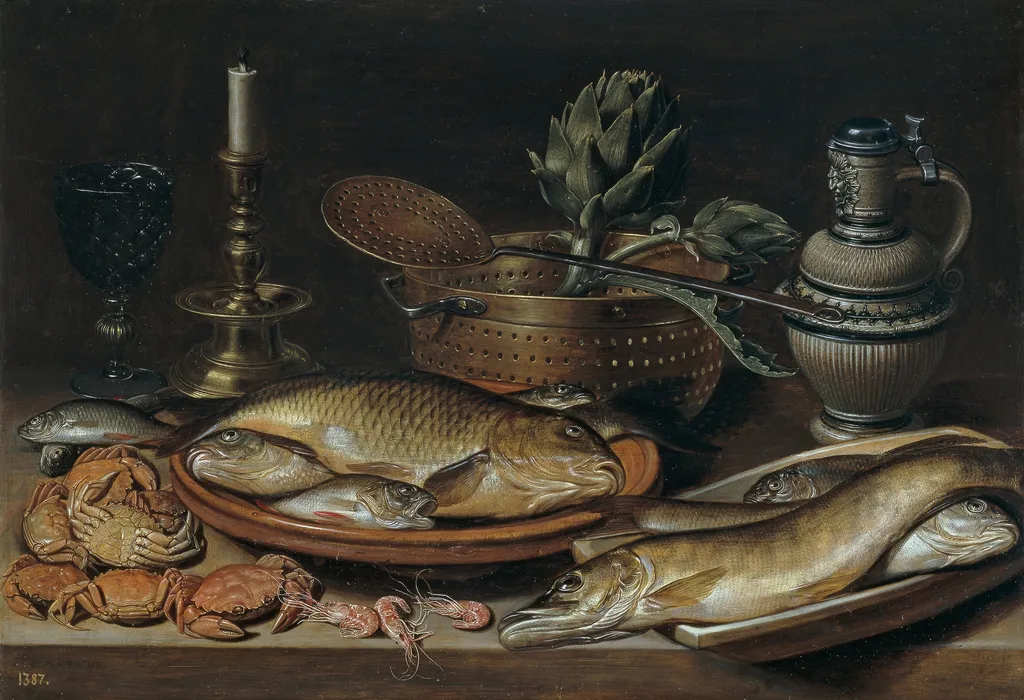 Still life of fish with a candlestick, by Clara Peeters, oil, 1611