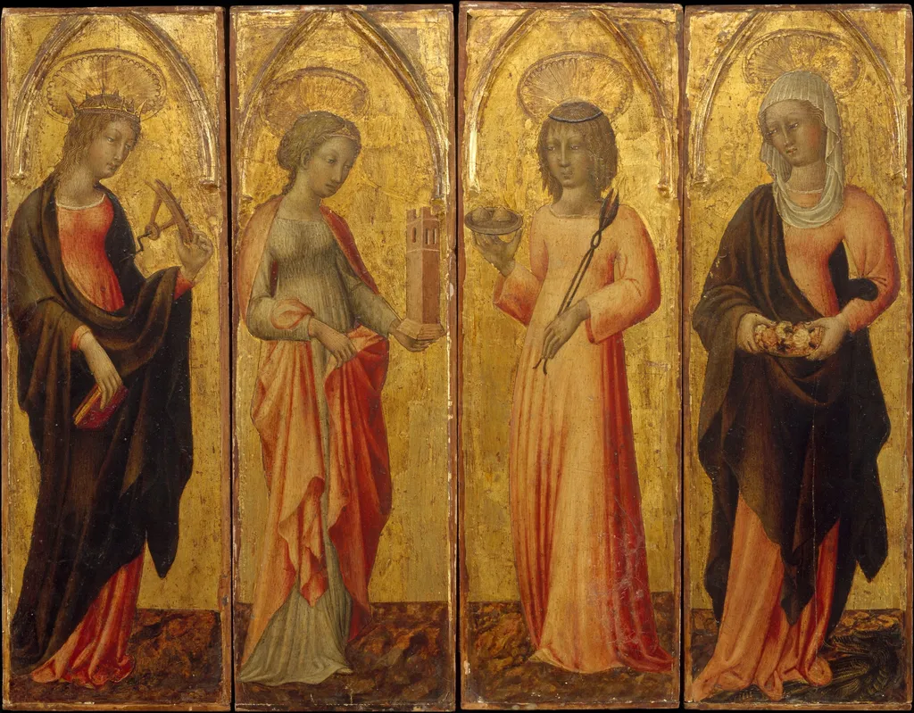 Saints Catherine of Alexandria, Barbara, Agatha, and Margaret, by Giovanni di Paolo, tempera, 1470
