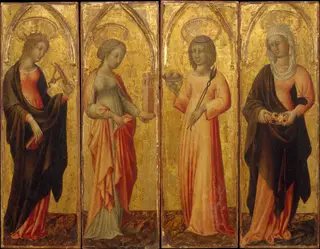 Saints Catherine of Alexandria, Barbara, Agatha, and Margaret, by Giovanni di Paolo, tempera, 1470