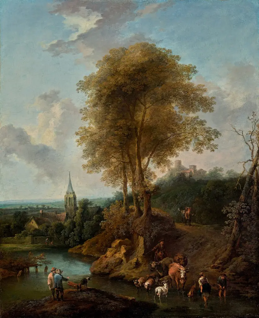 Landscape with a fordable place in a brook with peasants and cattle, by Christian Hilfgott Brand, oil, 1746