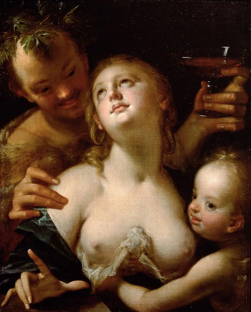 Bacchus, Venus and Cupid, by Hans von Aachen, paint, 1598
