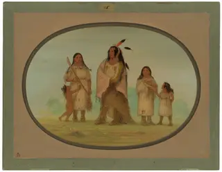 Assinneboine Warrior and His Family, by George Catlin, oil, 1865