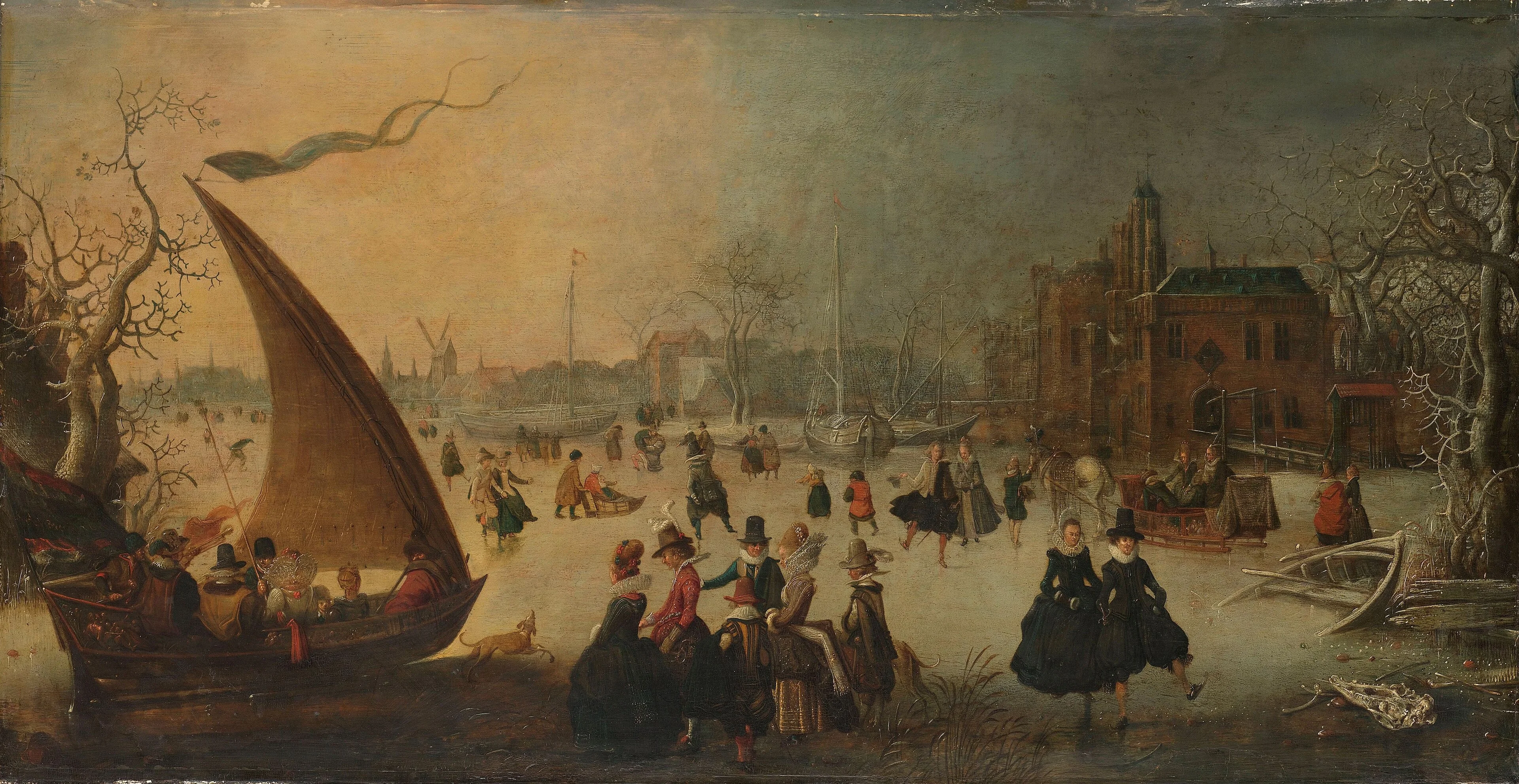 Landscape with frozen canal, skaters and an ice-boat, detail