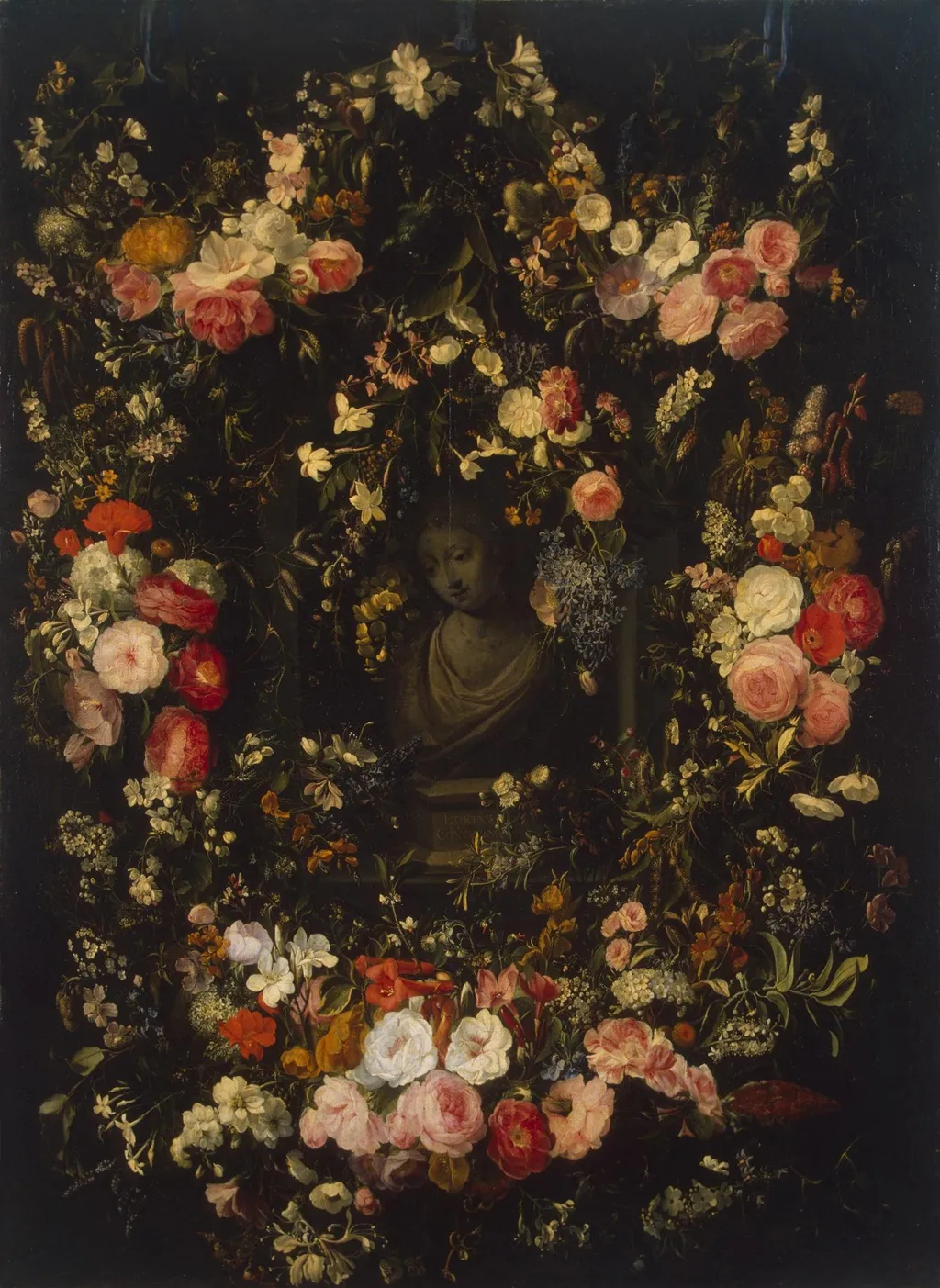 Bust of the Virgin Framed with a Garland of Flowers, by Jan van den Hecke, oil, 1660