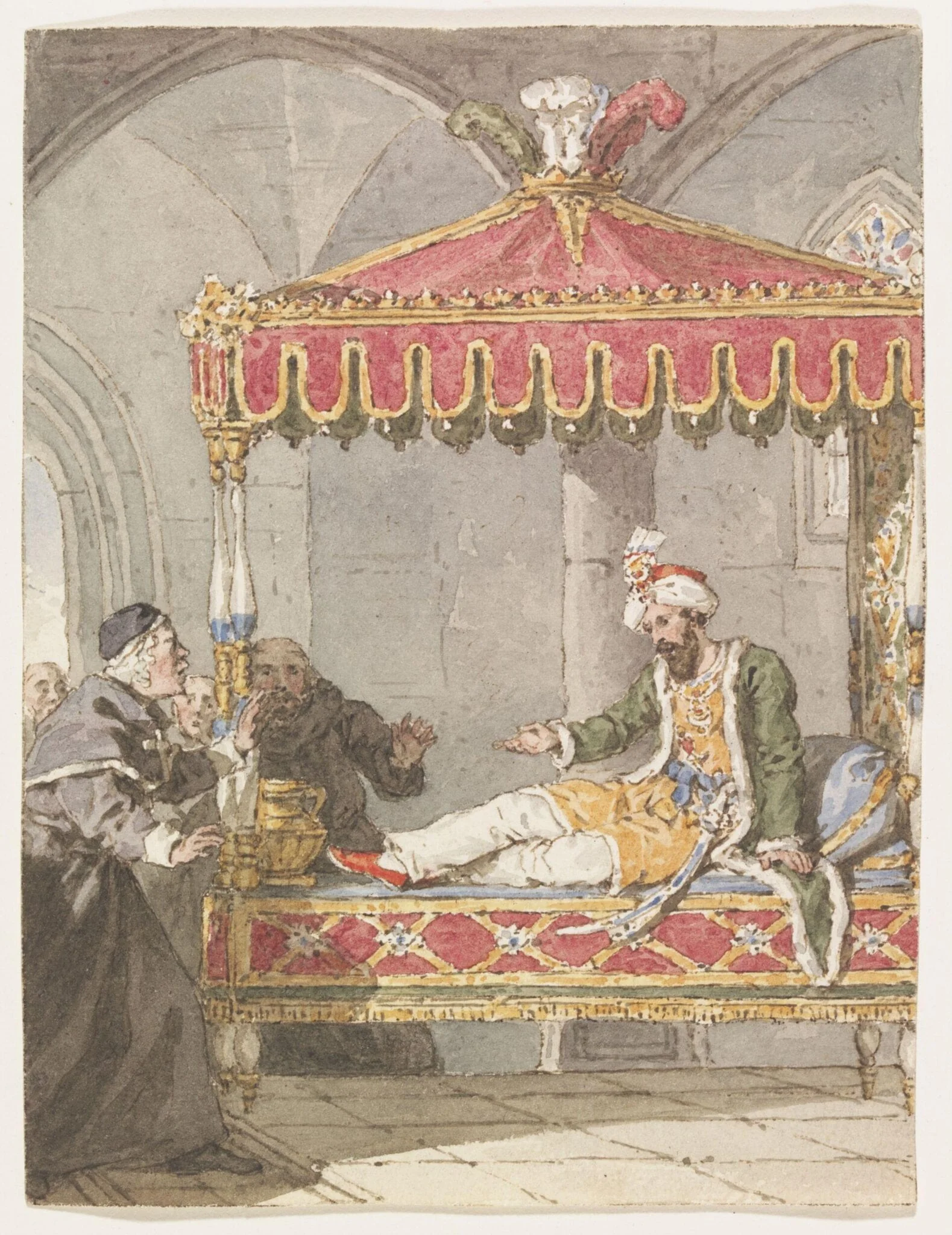 A Sultan on a divan remonstrating with monks, detail